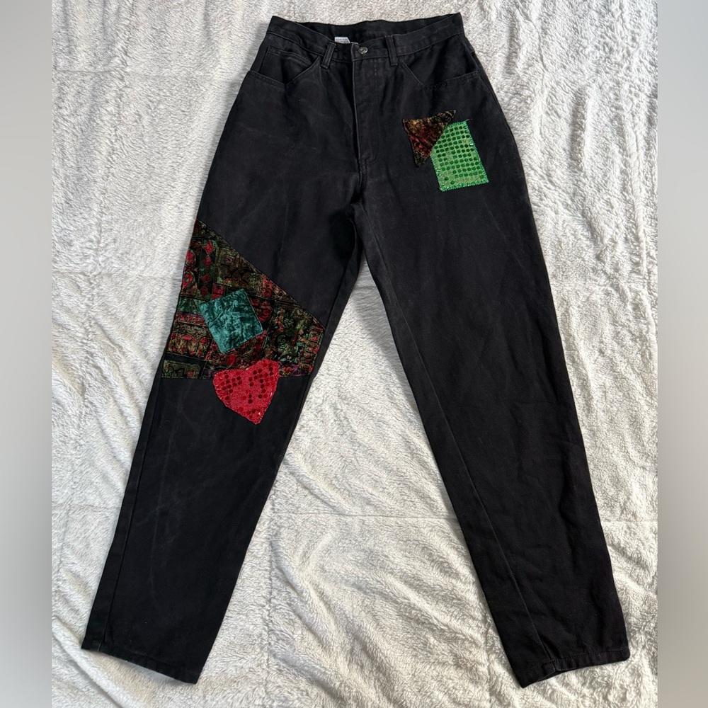 Vintage Zana Di Black High Rise Jeans with Colorful Patchwork Size 11/12
